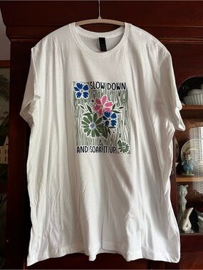 Gildan White Short Sleeve Tee with Blue and Pink Floral Graphic